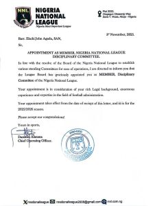 Appointment as Member, Nigeria National League Disciplinary Appointment 